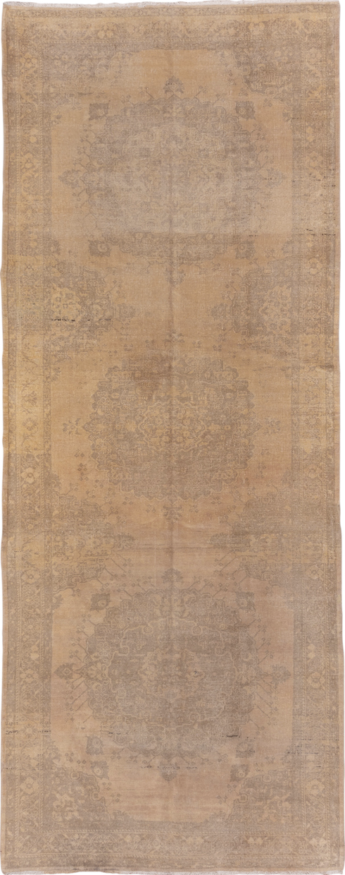 5' x 14' one-of-a-kind handmade vintage Oushak rug. Color palette: brown, gray, light gray, off-white, orange, pink, snow