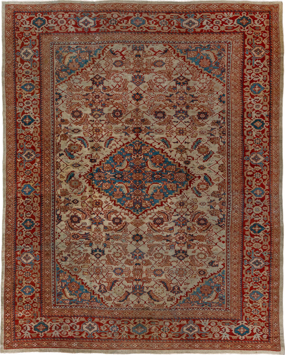 8' x 10' one-of-a-kind handmade vintage Sultanabad large size rug. Color palette: arapawa, black, blue, brown