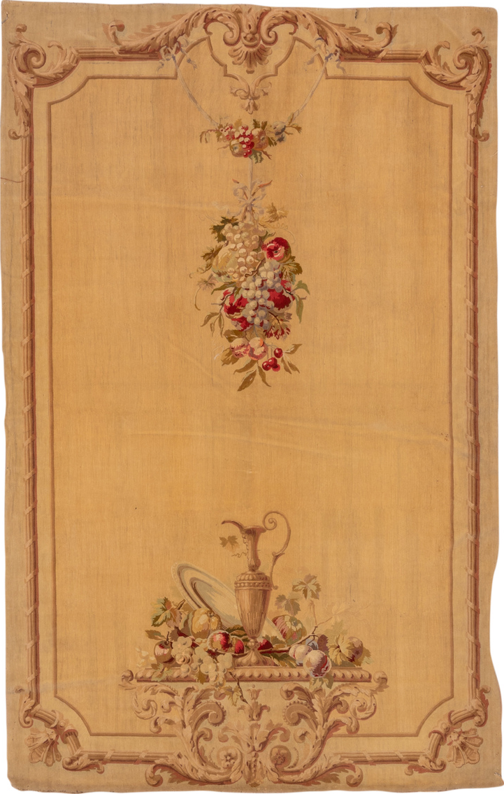 4' x 7' one-of-a-kind handmade vintage European rug. Color palette: brown, orange, off-white, red, white, snow, whitesmoke