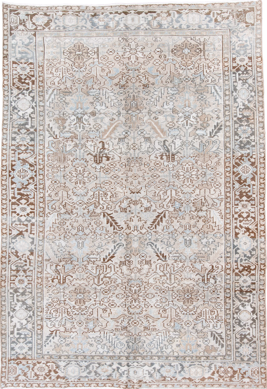 7' x 11' one-of-a-kind handmade vintage Heriz large size rug. Color palette: brown, dark gray, dim gray, gainsboro, gray