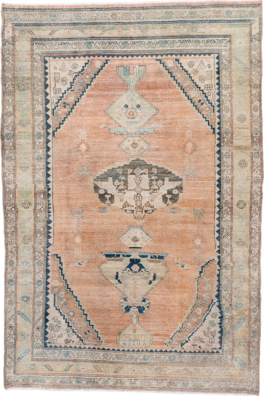 4' x 6' one-of-a-kind handmade vintage Malayer small size rug. Color palette: blue, brown, gray, light slate gray, off-white