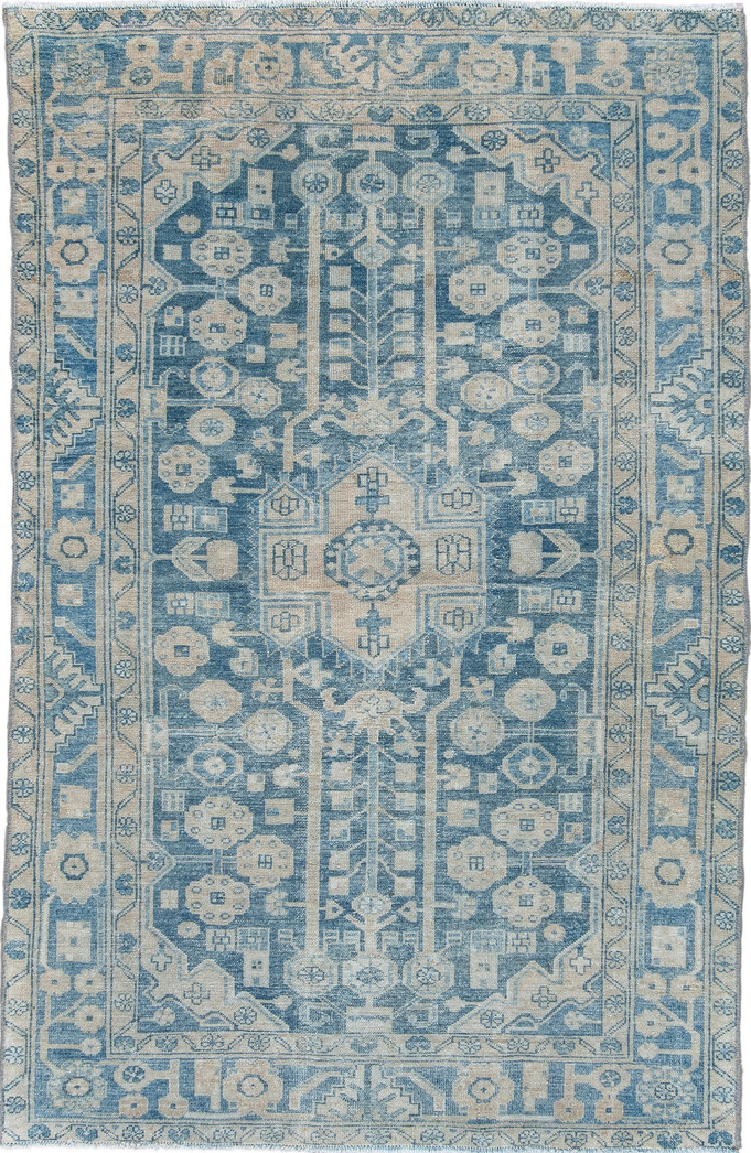 3' x 6' one-of-a-kind handmade vintage Malayer small size rug. Color palette: black, blue, dark gray, gainsboro, gray
