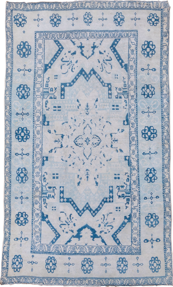 4' x 7' one-of-a-kind handmade vintage Cotton Agra rug. Color palette: blue, gray, light blue, light gray, light slate gray