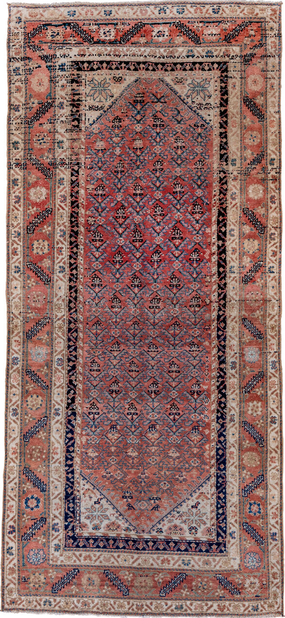 3' x 8' one-of-a-kind handmade vintage Malayer runner rug. Color palette: black, blue, brown, fiord, gray, light gray