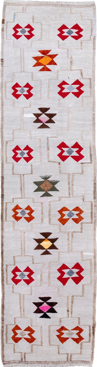 2' x 10' one-of-a-kind handmade vintage Kilim runner rug. Color palette: black, blue, brown, dark gray, gainsboro, gray