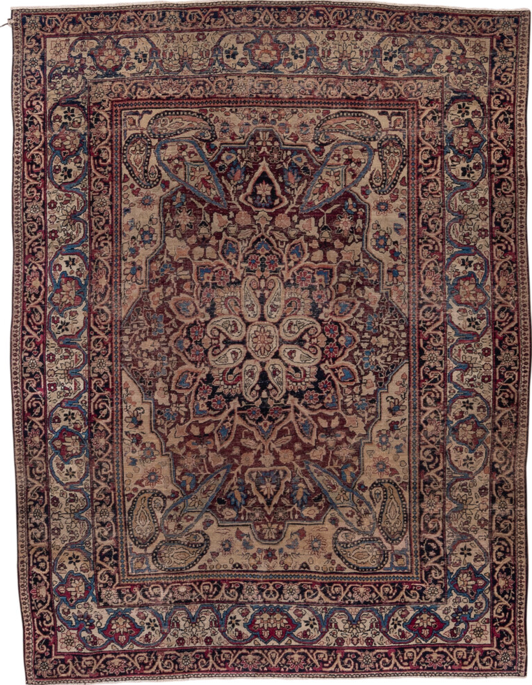 4' x 5' one-of-a-kind handmade vintage Lavar small size rug. Color palette: black, blue, brown, dark gray, gray, light gray