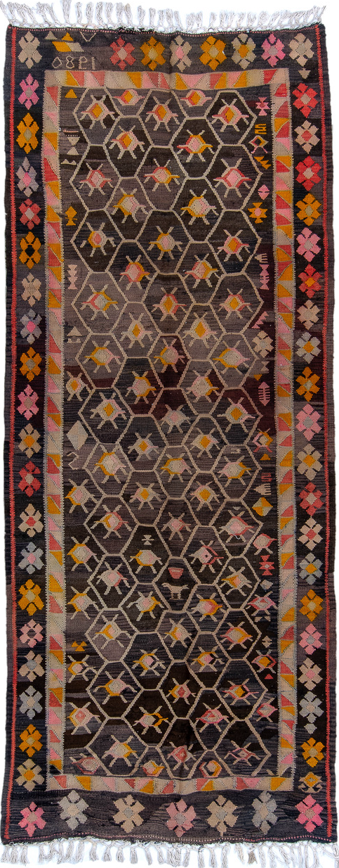 4' x 10' one-of-a-kind handmade vintage Kilim runner rug. Color palette: black, brown, charcoal, gray, light gray, off-white