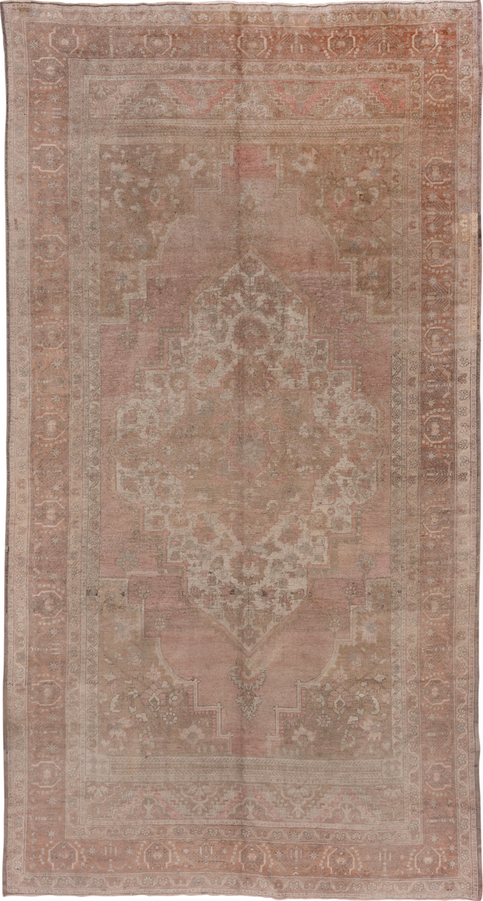 6' x 12' one-of-a-kind handmade vintage Oushak large size rug. Color palette: brown, gray, light gray, off-white, pink, snow
