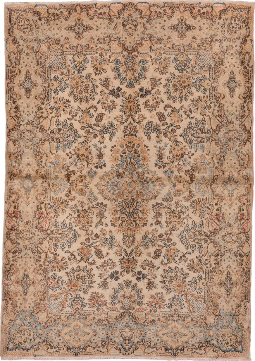 6' x 8' one-of-a-kind handmade vintage Kerman medium size rug. Color palette: brown, gray, pink, tan