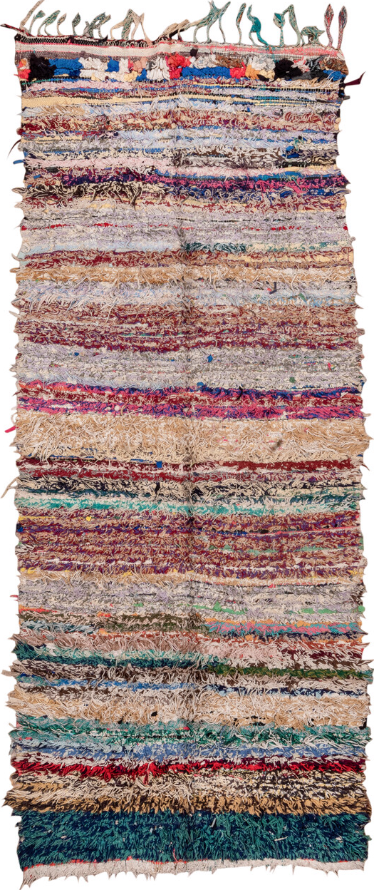 4' x 10' one-of-a-kind handmade vintage Rag Rug runner rug. Color palette: blue, brown, fiord, gray, green, light gray