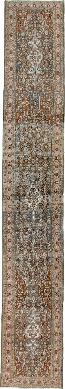 2' x 17' one-of-a-kind handmade vintage Malayer runner rug. Color palette: brown, gray, light gray, off-white, silver