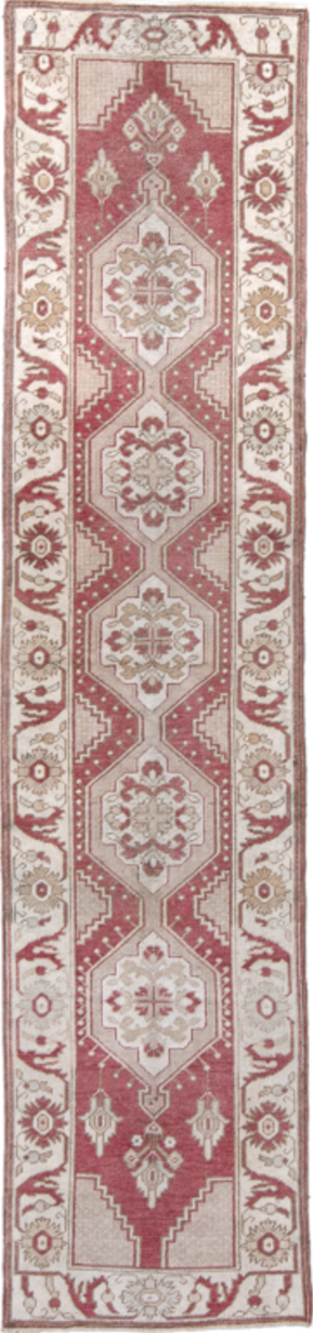 2' x 10' one-of-a-kind handmade vintage Oushak runner rug. Color palette: gray, light gray, off-white, pink