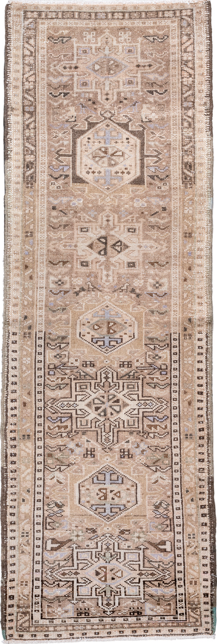 2' x 6' one-of-a-kind handmade vintage Karaje runner rug. Color palette: brown, dark gray, dim gray, gray, light gray