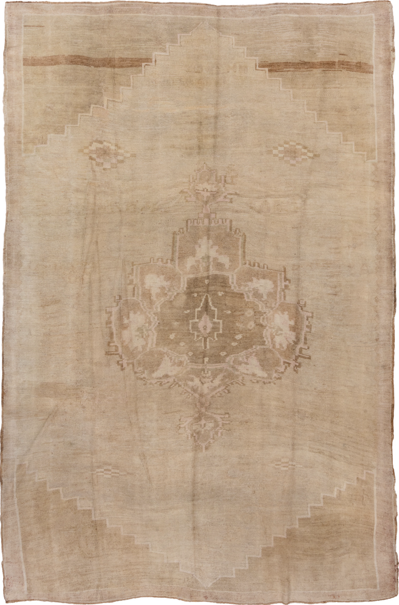 7' x 11' one-of-a-kind handmade vintage Oushak large size rug. Color palette: brown, gray, light gray, off-white, pink