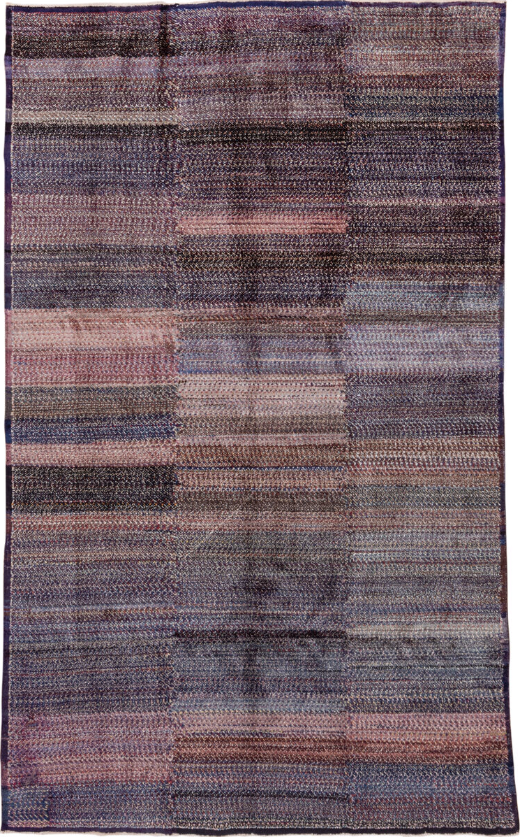 5' x 9' one-of-a-kind handmade vintage Kars medium size rug. Color palette: blue, dark gray, gray, light gray, off-white