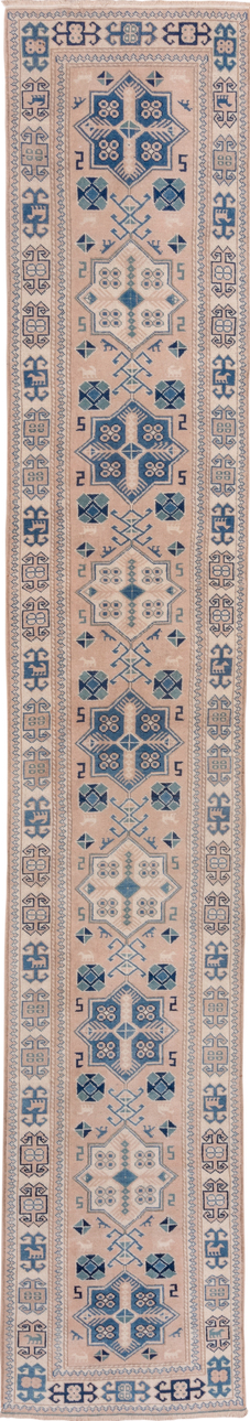 2' x 15' one-of-a-kind handmade vintage Oushak runner rug. Color palette: blue, brown, fiord, gray, light gray, off-white