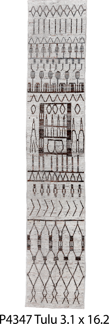 3' x 16' one-of-a-kind handmade vintage Tulu runner rug. Color palette: black, brown, charcoal, dark gray, dim gray