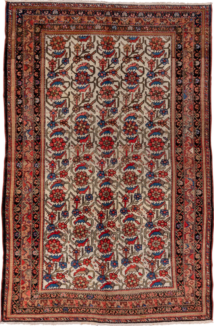 5' x 7' one-of-a-kind handmade vintage Malayer rug. Color palette: black, blue, brown, fiord, gray, light gray, off-white