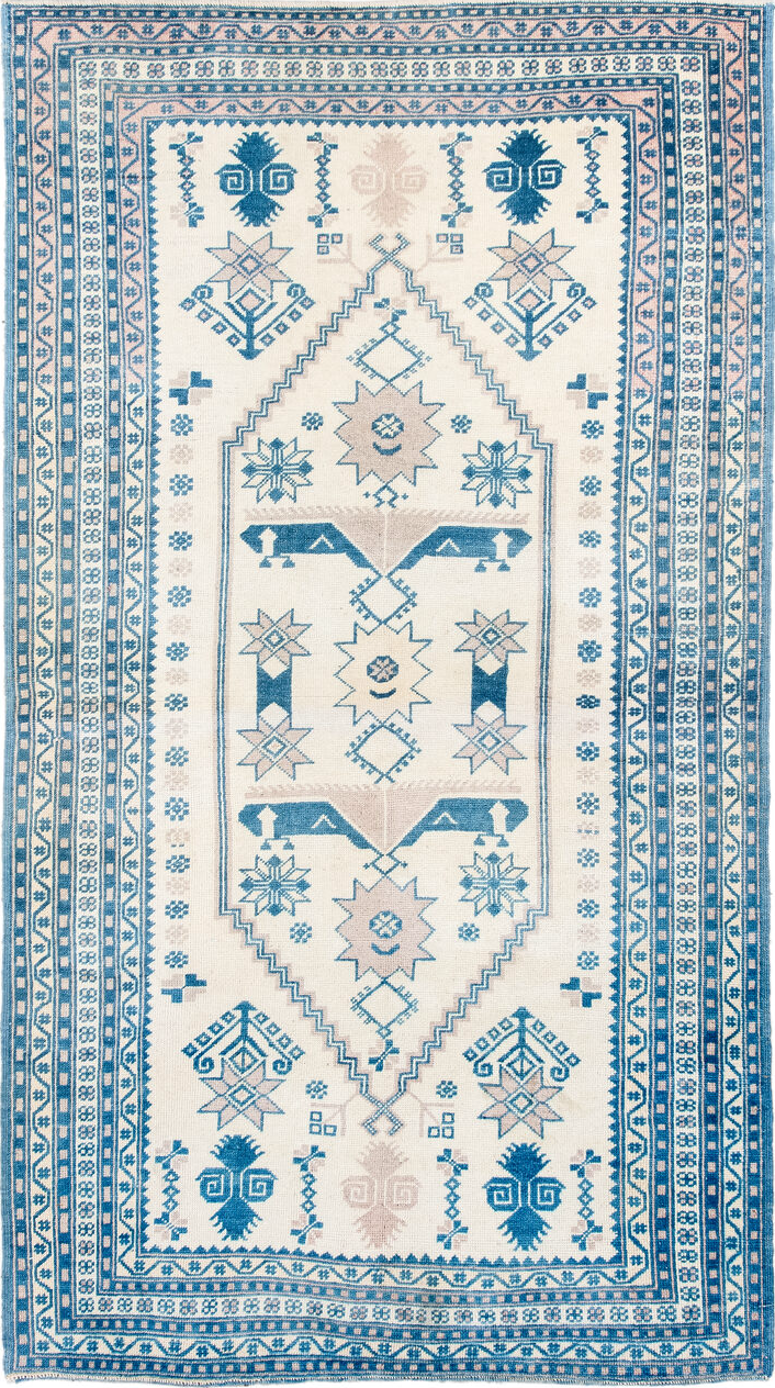 3' x 6' one-of-a-kind handmade vintage Anatol small size rug. Color palette: beige, blue, floral white, gainsboro, gray