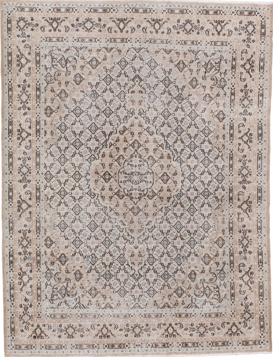 4' x 6' one-of-a-kind handmade vintage Meshed small size rug. Color palette: black, blue, brown, dark gray, dim gray