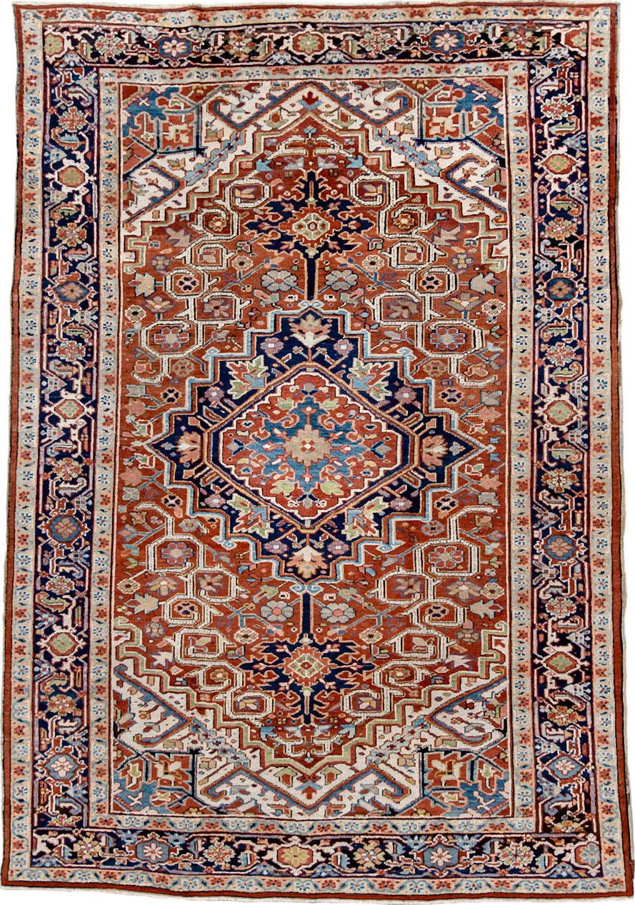 7' x 11' one-of-a-kind handmade vintage Heriz large size rug. Color palette: blue, brown, dark slate gray, fiord, gray