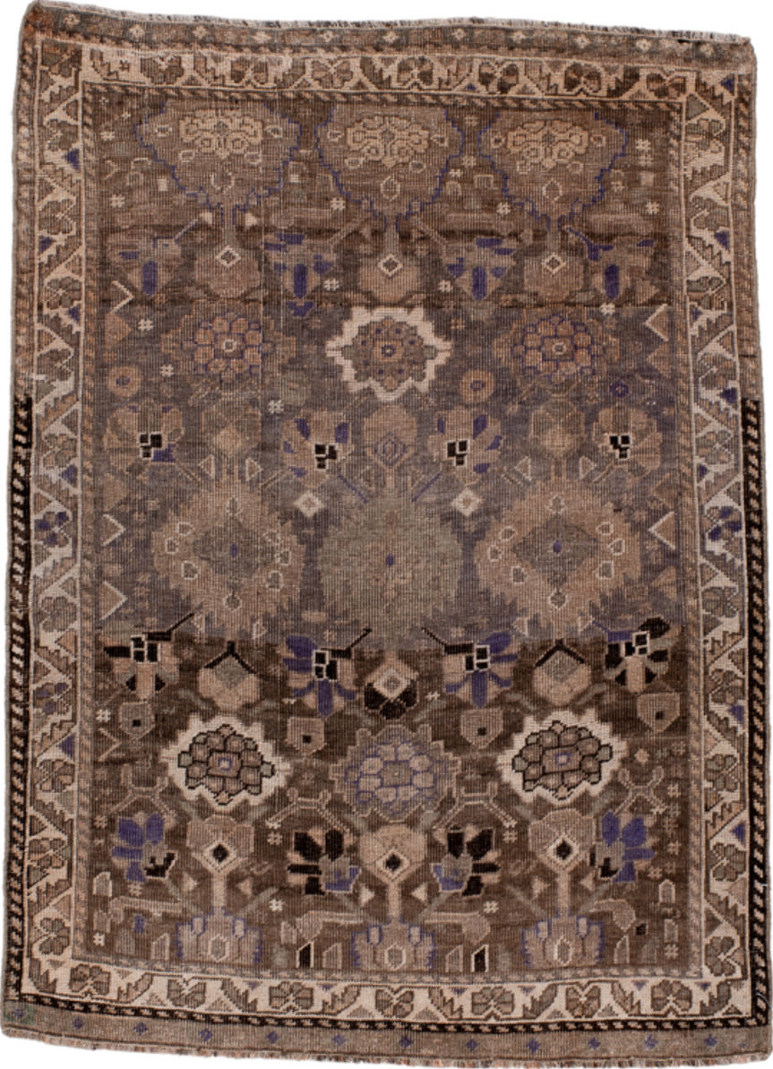 3' x 4' one-of-a-kind handmade vintage Karabagh small size rug. Color palette: black, brown, gray, light gray, pink