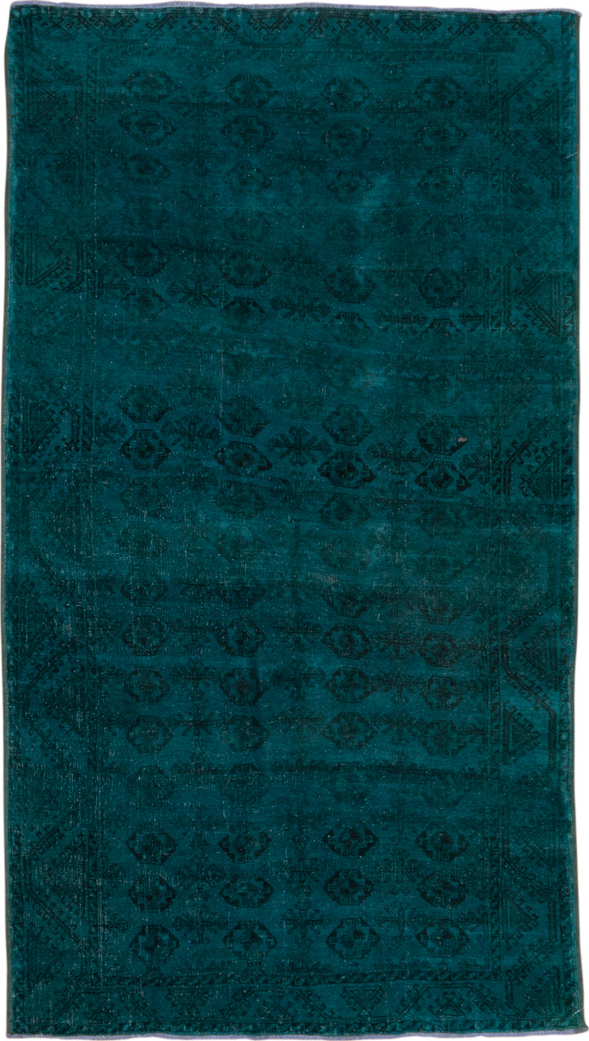 4' x 7' one-of-a-kind handmade vintage Overdyed rug. Color palette: blue, dark slate gray, gray, light gray, off-white