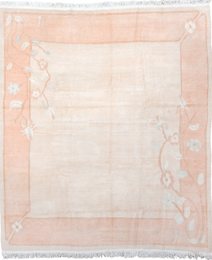 8' x 9' one-of-a-kind handmade vintage Tibetan rug. Color palette: antiquewhite, brown, gray, light gray, linen, off-white