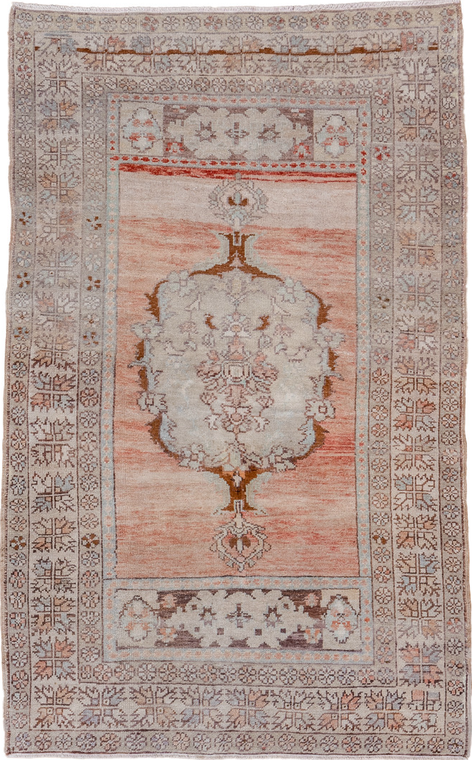 3' x 5' one-of-a-kind handmade vintage Oushak small size rug. Color palette: brown, gray, light gray, off-white, pink