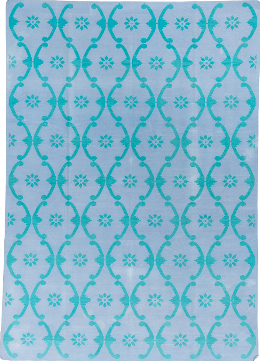 7' x 10' one-of-a-kind handmade vintage Dhurrie large size rug. Color palette: blue, green, light blue, light gray