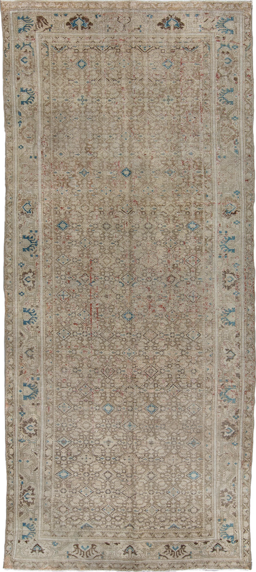 5' x 11' one-of-a-kind handmade vintage Malayer runner rug. Color palette: blue, brown, gray, light gray, off-white