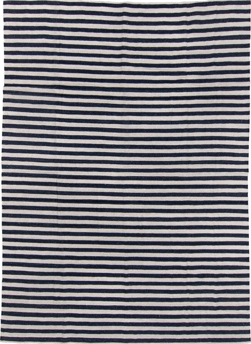 8' x 12' one-of-a-kind handmade vintage Kilim large size rug. Color palette: black, blue, dark gray, gray, light gray