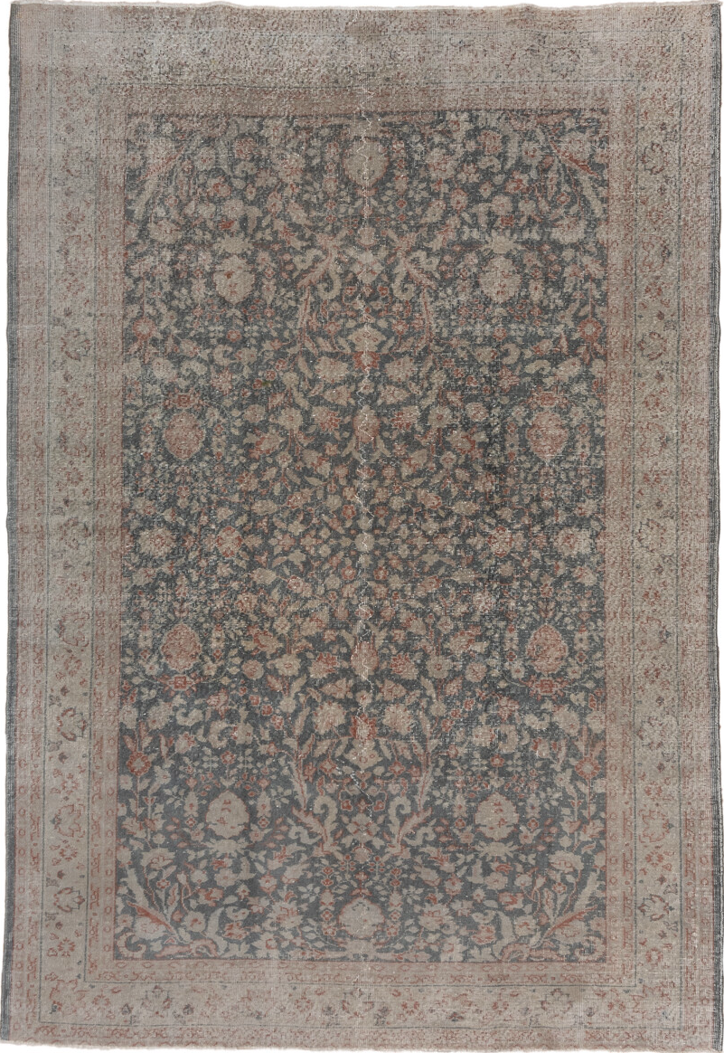 7' x 10' one-of-a-kind handmade vintage Oushak large size rug. Color palette: brown, dim gray, gray, light gray, off-white