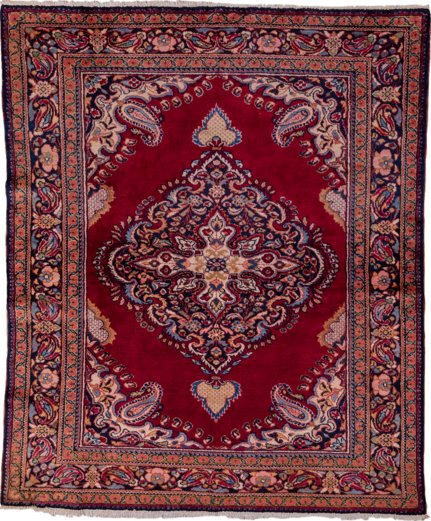 5' x 6' one-of-a-kind handmade vintage Lilian rug. Color palette: blue, brown, fiord, gray, indian red, light gray