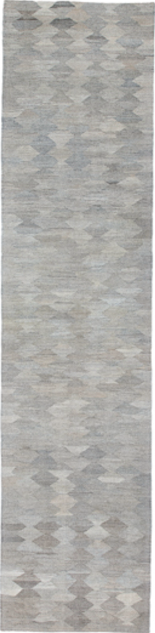 3' x 12' one-of-a-kind handmade vintage Kilim runner rug. Color palette: dark gray, gray, light gray, silver