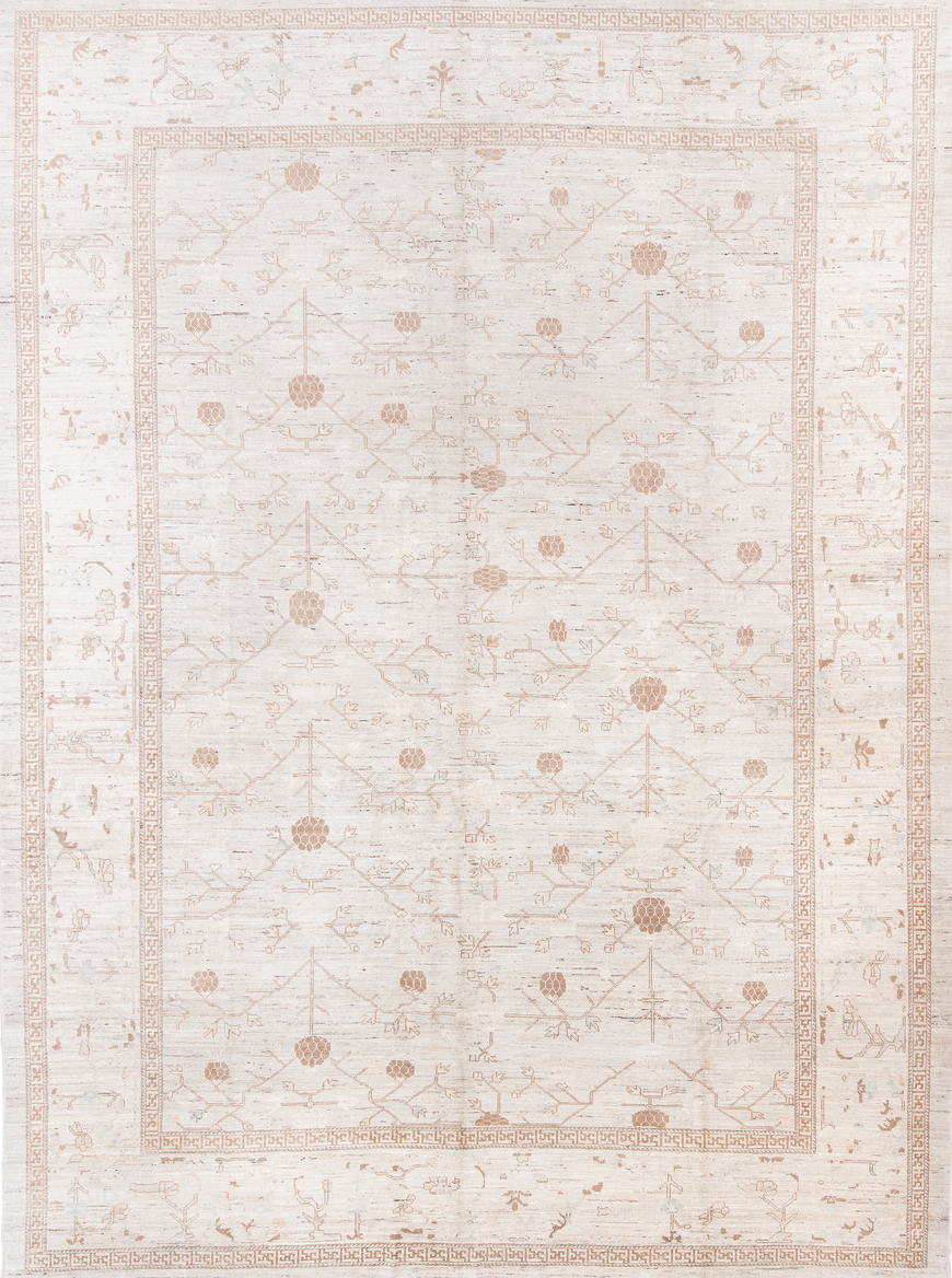 12' x 16' one-of-a-kind handmade vintage Khotan oversize rug. Color palette: brown, dark gray, gainsboro, gray, light gray