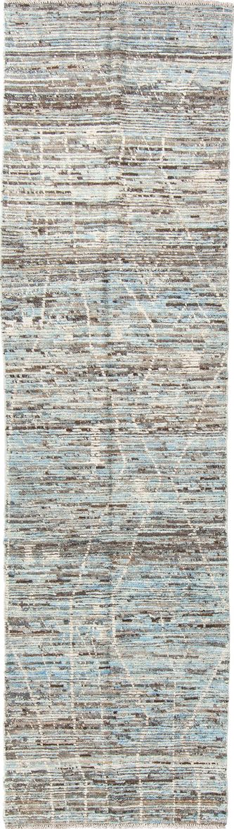 2' x 9' one-of-a-kind handmade vintage Tulu runner rug. Color palette: dark gray, dim gray, gainsboro, gray, light gray