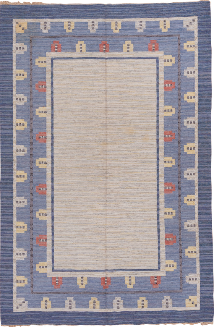 6' x 10' one-of-a-kind handmade vintage Rollaken large size rug. Color palette: blue, brown, gainsboro, gray, light gray