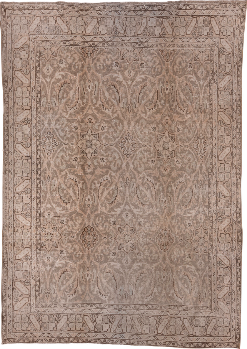 6' x 9' one-of-a-kind handmade vintage Oushak medium size rug. Color palette: brown, gray, light gray, off-white, pink