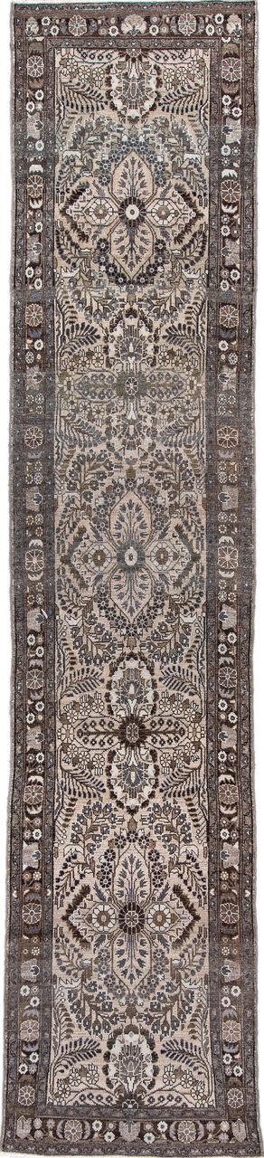 2' x 12' one-of-a-kind handmade vintage Dargazin runner rug. Color palette: brown, dark gray, dim gray, gray, light gray