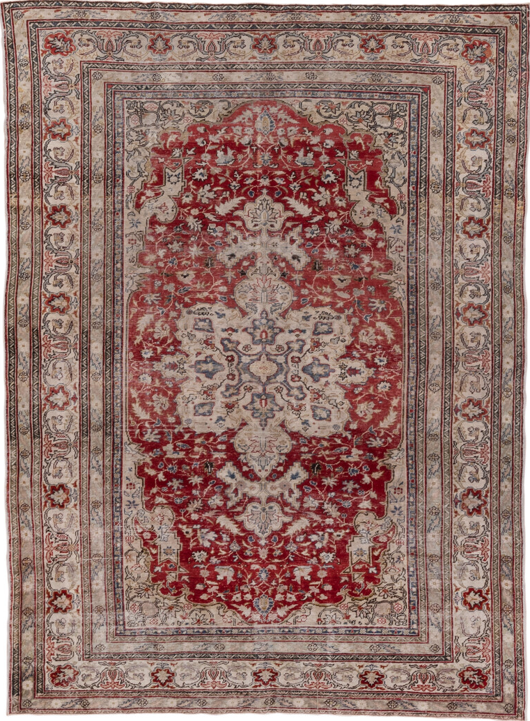 6' x 8' one-of-a-kind handmade vintage Oushak medium size rug. Color palette: black, blue, brown, dim gray, gray, pink, red