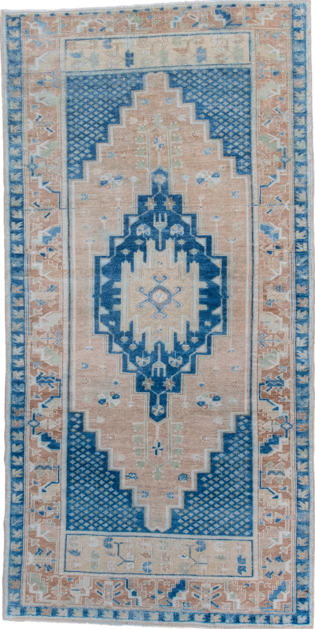 4' x 7' one-of-a-kind handmade vintage Anatol rug. Color palette: blue, dark gray, dim gray, gray, light blue, light gray
