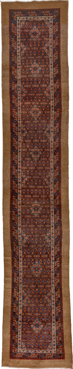 3' x 16' one-of-a-kind handmade vintage Cam Hamadan runner rug. Color palette: blue, brown, gray, off-white, pink, red, snow