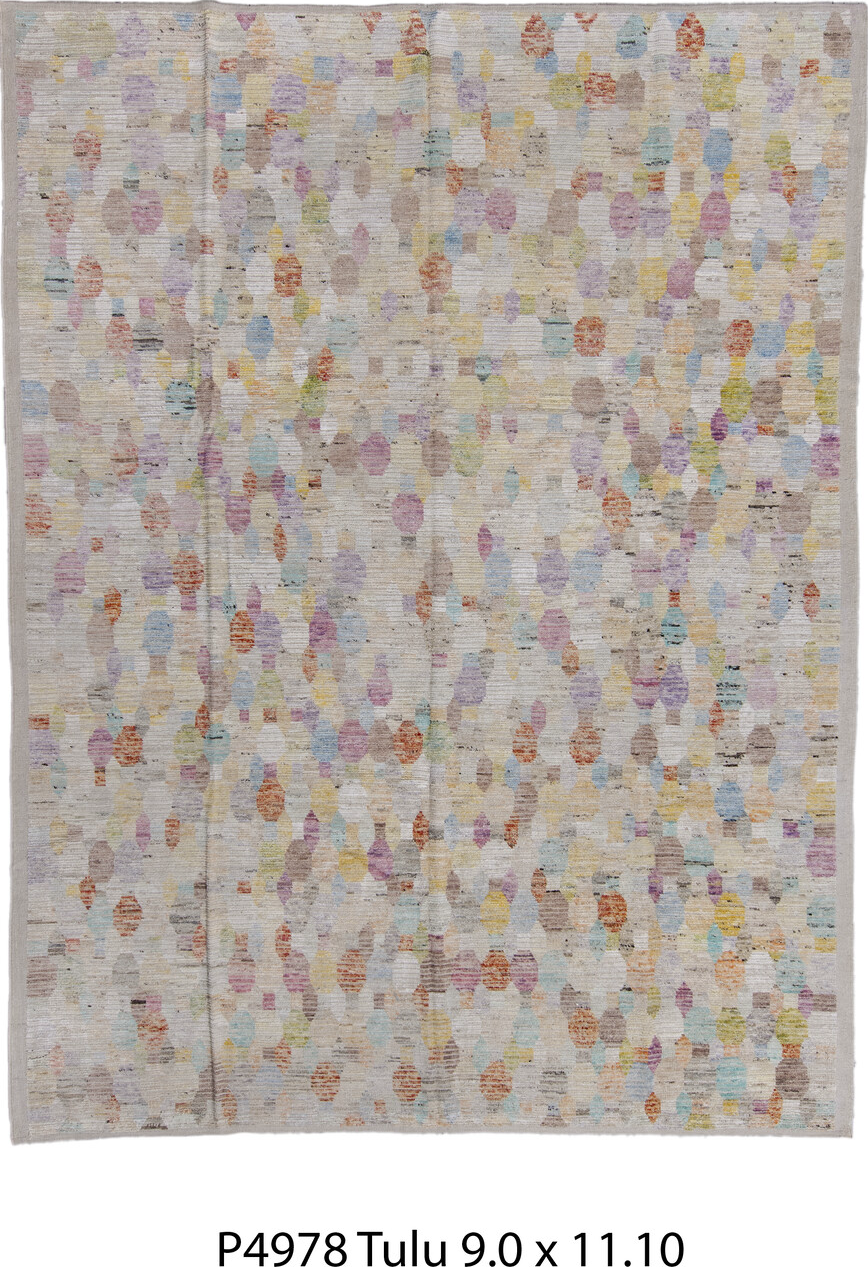 9' x 11' one-of-a-kind handmade vintage Tulu large size rug. Color palette: black, blue, charcoal, dark gray, dim gray