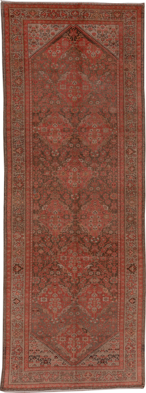 5' x 13' one-of-a-kind handmade vintage Malayer rug. Color palette: brown, gray, off-white, pink, snow, white, whitesmoke