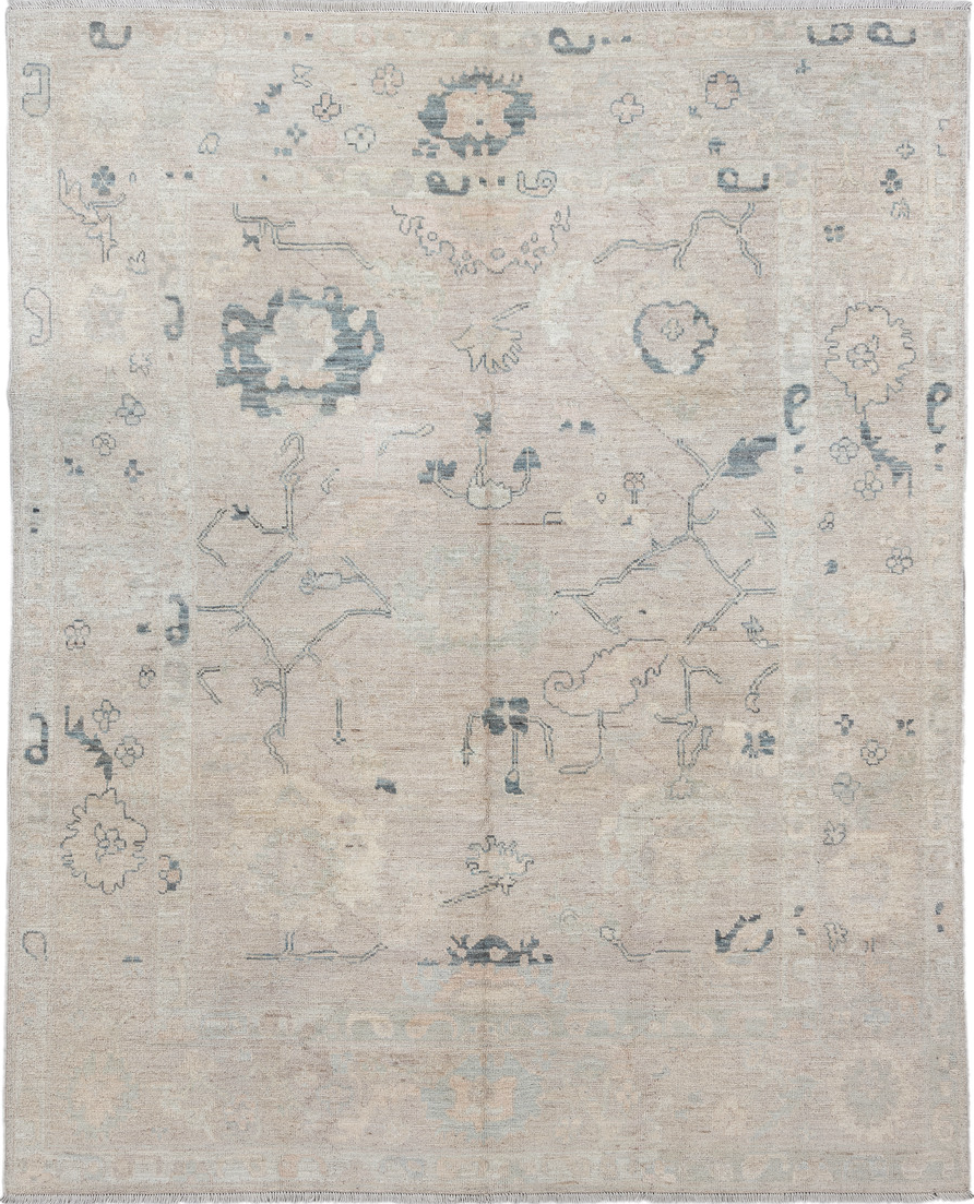 8' x 10' one-of-a-kind handmade vintage Oushak large size rug. Color palette: gray, off-white, light gray, pink, dim gray