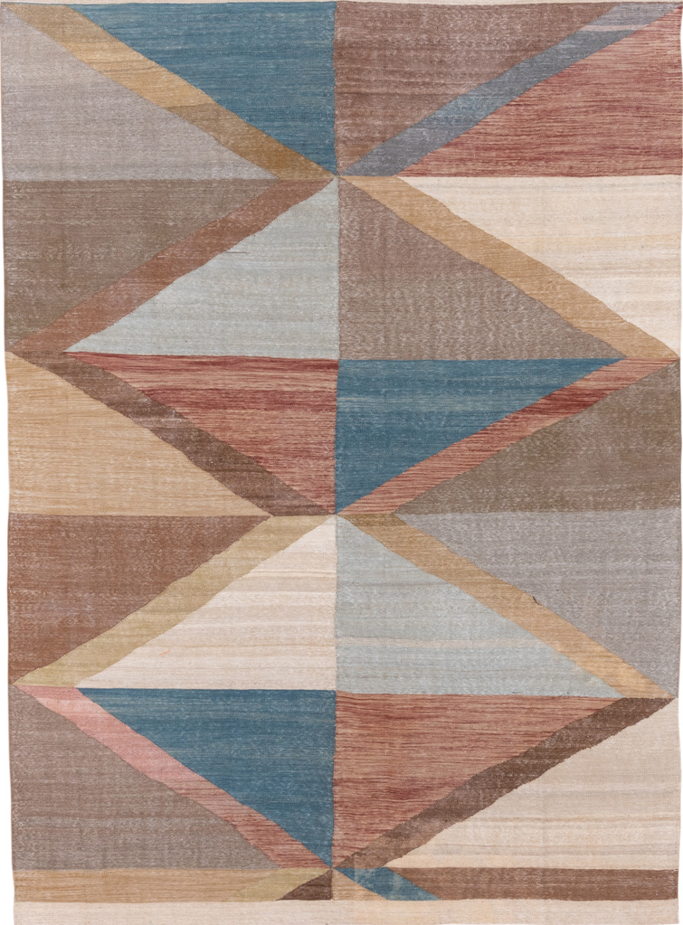6' x 8' one-of-a-kind handmade vintage Kilim medium size rug. Color palette: brown, gray, light gray, off-white, pink
