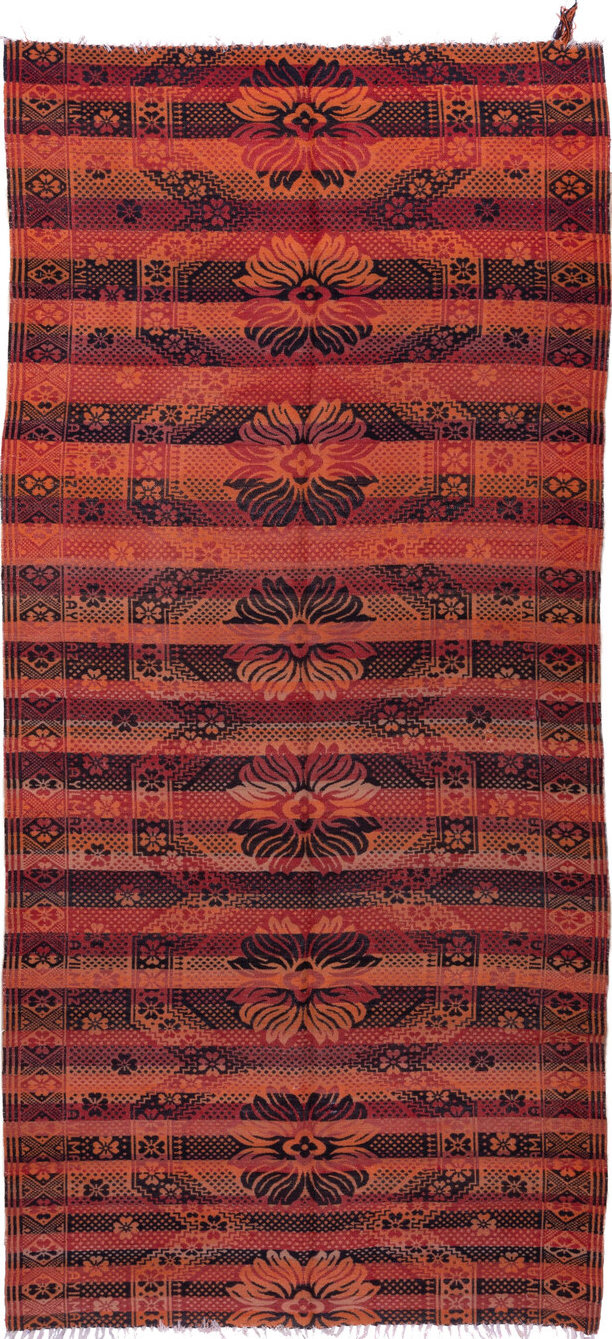 5' x 11' one-of-a-kind handmade vintage Kilim rug. Color palette: black, brown, gray, pink, red, wine
