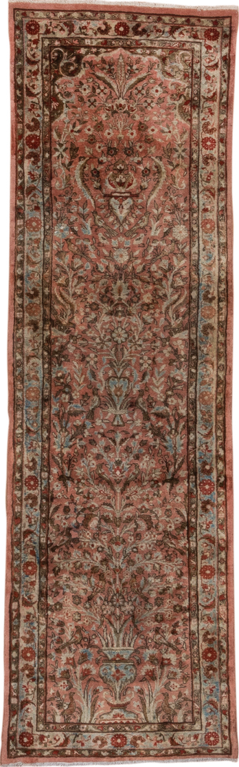 2' x 6' one-of-a-kind handmade vintage Kashan runner rug. Color palette: brown, gray, pink, red
