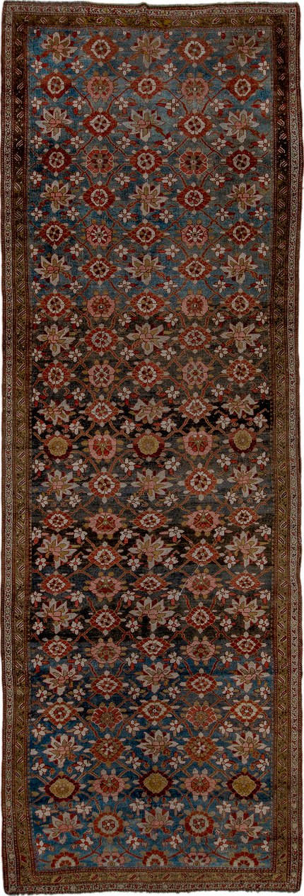 5' x 16' one-of-a-kind handmade vintage Varamin rug. Color palette: black, blue, brown, gray, light gray, pink, red